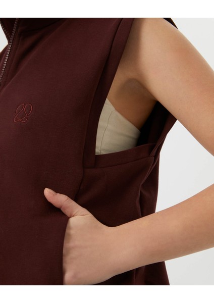 Kadın Bordo Kahverengi Dik Yaka Yelek - Organik Pamuk, Çift Yönlü Fermuarlı, Cepli, Kol Altı Panel, Geçiş Mevsimi Üst Katman modelleri