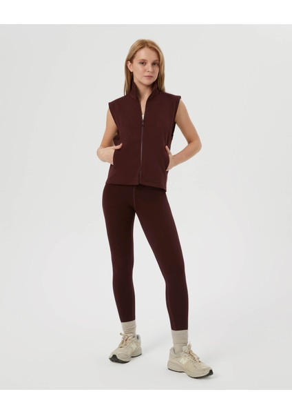 Kadın Bordo Kahverengi Dik Yaka Yelek - Organik Pamuk, Çift Yönlü Fermuarlı, Cepli, Kol Altı Panel, Geçiş Mevsimi Üst Katman fırsatları