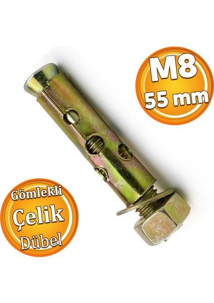 Saplamalı Gömlek Çelik Dübel M8X55 mm Raf Montaj Bağlantı Zemin Monte Tavan Beton Asma Aparat