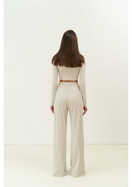 Jany Uzun Kollu Taş Crop Pantolon Takım