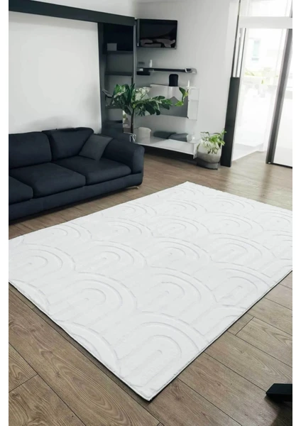 Decomia Home Arya Iskandinav Premium Puffy Kendinden Desenli Beyaz Peluş Halı Salon Halısı Mutfak Halısı Yolluk