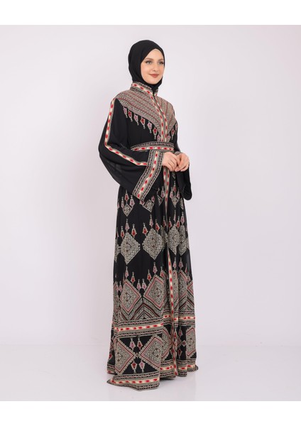 Ajurlu İspanyol Kollu Dik Yakalı Fermuarlı Nakışlı Geleneksel Kadın Elbise M-3XL C100021