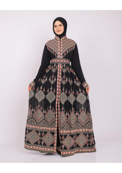 Ajurlu İspanyol Kollu Dik Yakalı Fermuarlı Nakışlı Geleneksel Kadın Elbise M-3XL C100021 indirimleri