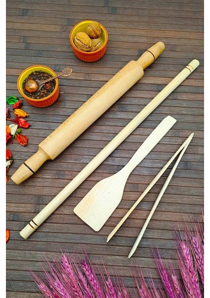 Oklava Merdane Seti Doğal Ahşap 4lü Set 50 cm Oklava Sabit Spatula, Maşa,merdane