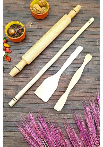 Mrsstore Oklava Merdane Seti Doğal Ahşap 4lü Set 50 cm Oklava Sabit Merdane Spatula, Maşa