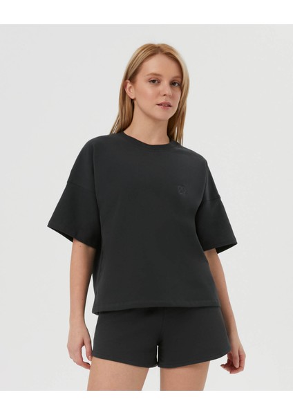 Antrasit Kısa Kollu Bisiklet Yaka Kalın Sweatshirt Tişört