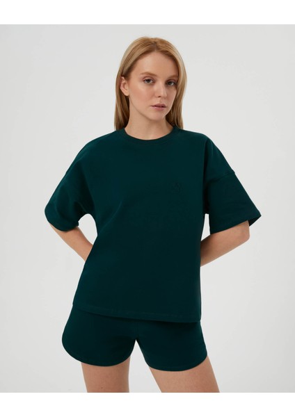 Kadın Koyu Yeşil Sweat-Tee - Gots Sertifikalı Organik Pamuk, İçi Şardonlu, Kısa Kollu, Bisiklet Yaka, Günlük ve Spor Kullanım İçin Rahat Sweatshirt Tişört