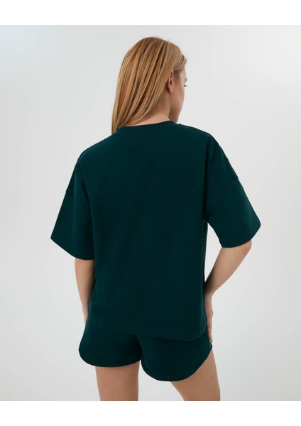 Kadın Koyu Yeşil Sweat-Tee - Gots Sertifikalı Organik Pamuk, İçi Şardonlu, Kısa Kollu, Bisiklet Yaka, Günlük ve Spor Kullanım İçin Rahat Sweatshirt Tişört fiyatları