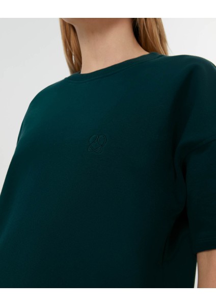 Kadın Koyu Yeşil Sweat-Tee - Gots Sertifikalı Organik Pamuk, İçi Şardonlu, Kısa Kollu, Bisiklet Yaka, Günlük ve Spor Kullanım İçin Rahat Sweatshirt Tişört fırsatları