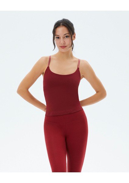 Kadın Bordo Koyu Kırmızı Sütyenli Yoga Atlet - GOTS Organik Pamuk, İç Sütyenli, Ayarlanabilir Askılı, Yüzücü Sırtlı, Çıkarılabilir Pedli Spor Atlet