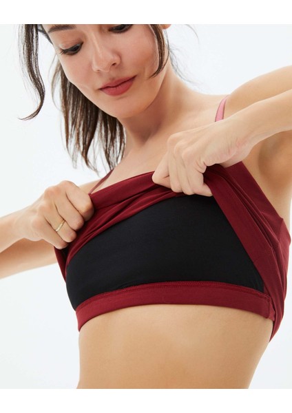 Kadın Bordo Koyu Kırmızı Sütyenli Yoga Atlet - GOTS Organik Pamuk, İç Sütyenli, Ayarlanabilir Askılı, Yüzücü Sırtlı, Çıkarılabilir Pedli Spor Atlet fiyatları