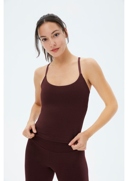 Kadın Bordo Kahverengi Sütyenli Yoga Atlet - GOTS Organik Pamuk, İç Sütyenli, Ayarlanabilir Askılı, Yüzücü Sırtlı, Çıkarılabilir Pedli Spor Atlet