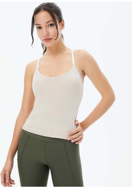 Kadın Açık Gri Sütyenli Yoga Atlet - GOTS Organik Pamuk, İç Sütyenli, Ayarlanabilir Askılı, Yüzücü Sırtlı, Çıkarılabilir Pedli Spor Atlet