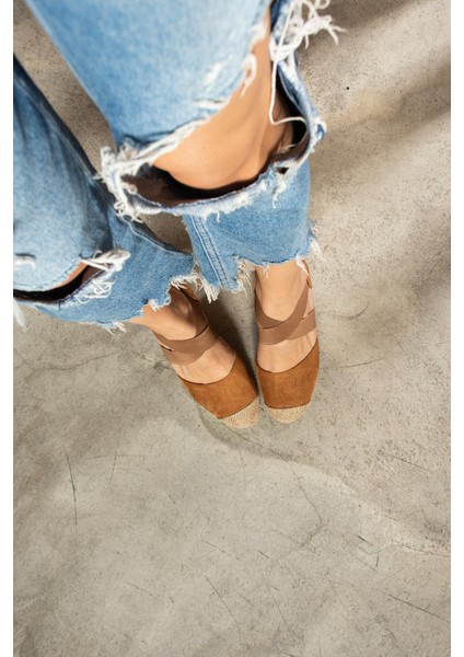 Lenes Kadın Taba Süet Dolgu Topuk Hasır Detaylı Espardil Sandalet fiyatları