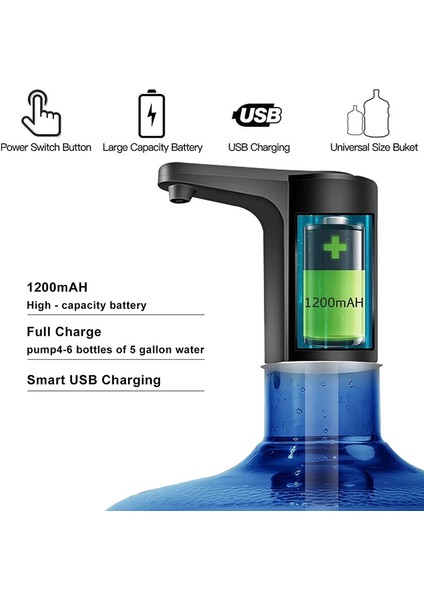 Su Sebili 5 Galon - 5 Galonluk Şişe Için Su Pompası, Su Sürahisi Pompası USB Şarj Edilebilir Evrensel Otomatik (Yurt Dışından)