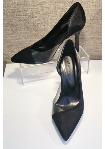 853 Kadın Topuklu Şeffaf Detaylı Stiletto Ayakkabı Siyah Saten
