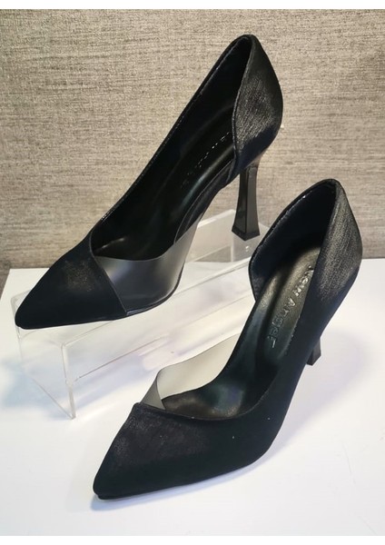 853 Kadın Topuklu Şeffaf Detaylı Stiletto Ayakkabı Siyah Saten
