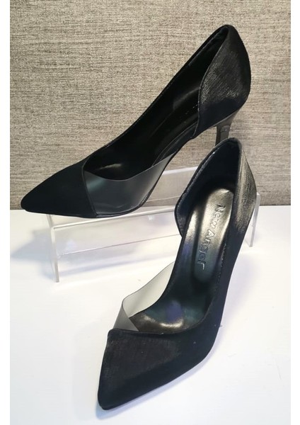 853 Kadın Topuklu Şeffaf Detaylı Stiletto Ayakkabı Siyah Saten