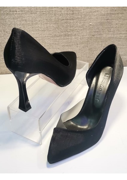 853 Kadın Topuklu Şeffaf Detaylı Stiletto Ayakkabı Siyah Saten