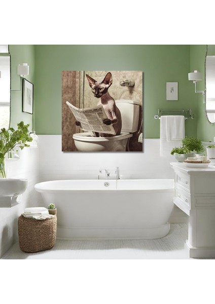 Tekli Kare Kanvas Banyo Tablosu Gazete Okuyan Sfenks Kedisi