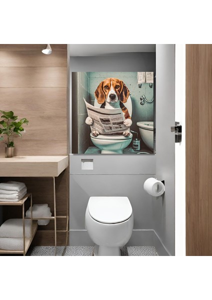 Tekli Kare Kanvas Banyo Tablosu Gazete Okuyan Beagle Köpek