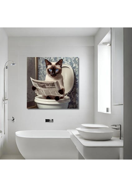 Tekli Kare Kanvas Banyo Tablosu Gazete Okuyan Siyam Kedisi