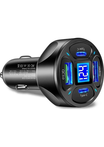 LED Dijital Ekranlı 2 USB + 2 Type C Portlu Hızlı Araç Şarjı