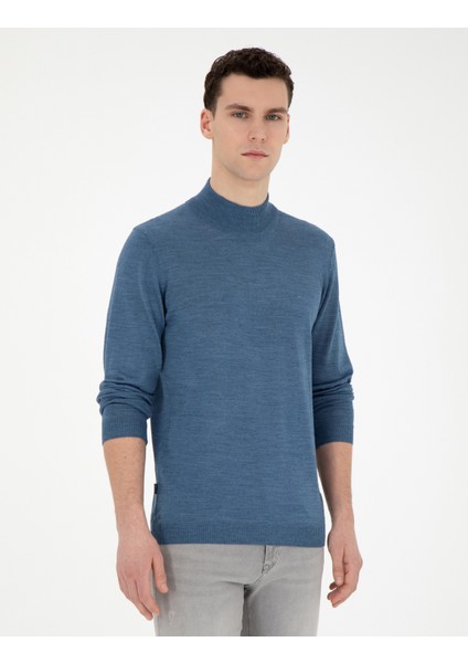 Erkek Mavi Slim Fit Yarım Balıkçı Yaka Yün Karışımlı Basic Triko Kazak 50270055-VR036