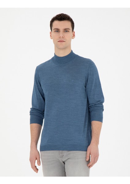 Erkek Mavi Slim Fit Yarım Balıkçı Yaka Yün Karışımlı Basic Triko Kazak 50270055-VR036