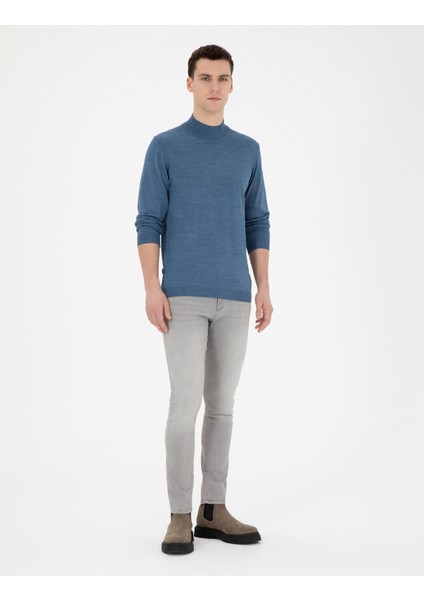 Erkek Mavi Slim Fit Yarım Balıkçı Yaka Yün Karışımlı Basic Triko Kazak 50270055-VR036