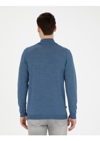 Erkek Mavi Slim Fit Yarım Balıkçı Yaka Yün Karışımlı Basic Triko Kazak 50270055-VR036