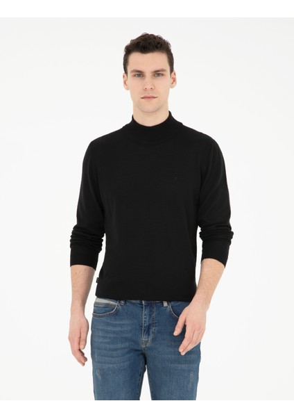 Erkek Siyah Slim Fit Yarım Balıkçı Yaka Yün Karışımlı Basic Triko Kazak 50270055-VR046