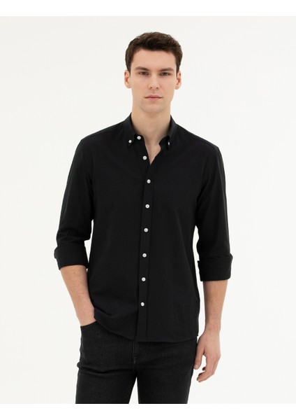Erkek Siyah Slim Fit Uzun Kollu Gömlek 50283343-VR046