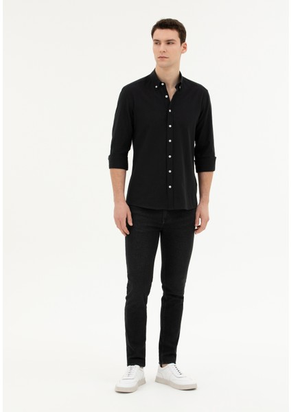 Erkek Siyah Slim Fit Uzun Kollu Gömlek 50283343-VR046 fırsatları