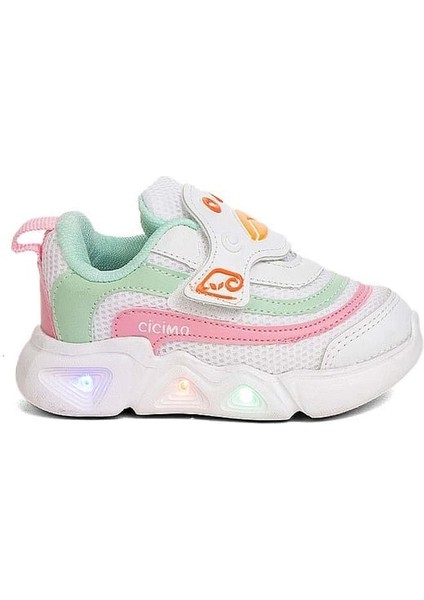 Cicimo Işıklı Renkli Tarz Günlük Rahat Ortopedi Hafif Bebe Çocuk Spor Beyaz Pembe
