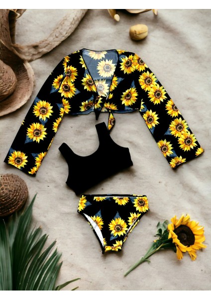 Lolliboom Kids Yeni Sezon Kız Çocuk Ay Çiçeği / Sunflower Desen Siyah Sarı Renk Pareolu Bikini Takımı 3'lü Set