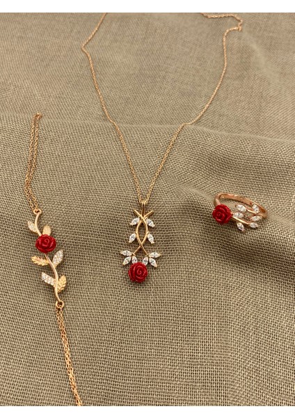 Inure Jewelry Silver Kırmızı Gül Model 925 Ayar Rose Gümüş 3'lü Set Kolye & Bileklik & Ayarlanabilir Yüzük