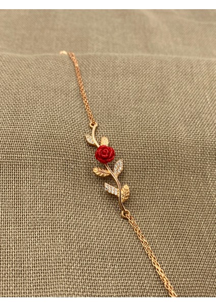 Inure Jewelry Silver Kırmızı Gül Model 925 Ayar Rose Gümüş 3'lü Set Kolye & Bileklik & Ayarlanabilir Yüzük