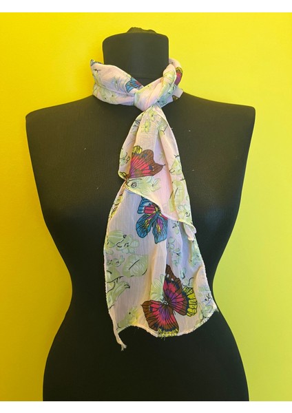 Kelebek ve Çiçekli Kadın Fular Boyun Bağı Şal Saç Bandana 155X20 cm