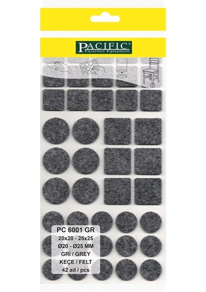 Gri Yapışkanlı Karma Keçe (20X20, 25X25 - Ø 20 mm,Ø 25 mm )