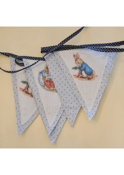 Mavi Peter Rabbit Desenli Erkek Çocuk Odası Duvar Süsü 5 Parça Üçgen Kumaş Bayrak Flama Banner 4