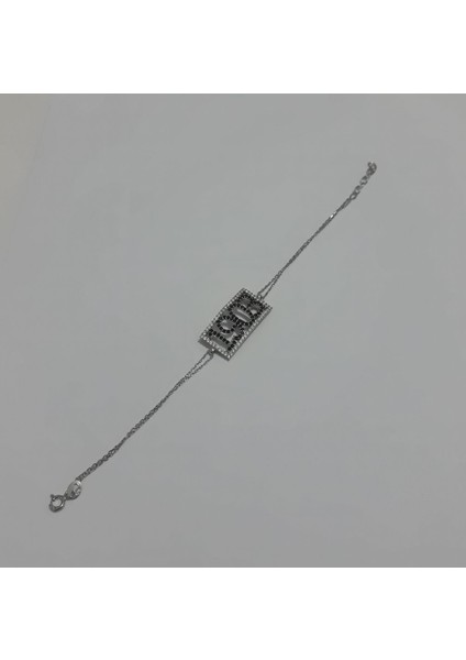 Siyah Beyaz Renk 1903 Tarih Detaylı Zirkon Taşlı Şık Zarif 925 Ayar Gümüş Bileklik [ Bileklik Boyu Uzatma Dahil 19 cm ]