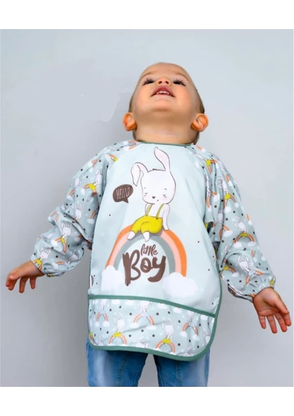 Anp Moda Tasarım Little Boy Tavşan Desenli Uzun Kollu Unisex Mama Önlüğü (Sıvı Geçirmez)