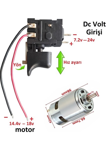 14.4V Dc Motor ve Elektronik Hız Kontrol Tetik Seti Cnc Uygulama Proje Ödev RS775 Powertech
