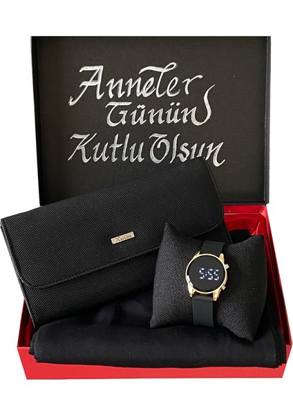 Kadın Hediye Seti Siyah Penye Şal-Dijital Kol Saati-Carlino Cüzdan