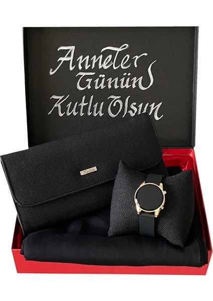 Kadın Hediye Seti Siyah Penye Şal-Dijital Kol Saati-Carlino Cüzdan fiyatları