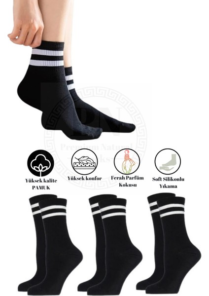 Premium Natural Socks Bambu  Tenis Kolej Çizgili Premium Dikişsiz Soket Çorap 3'lü