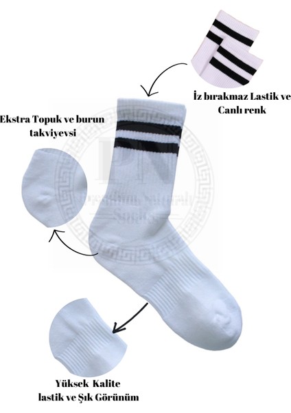 Premium Natural Socks Bambu  Beyaz Tenis Kolej Çizgili Premium Kutulu Dikişsiz Soket Çorap 3'lü