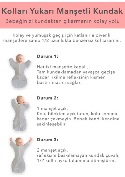 Bebek Kundak - Eldiven Manşetli Uyku Tulumu & Kolları Yukarı Kundak (0-3 Ay, 3-6 Ay, 6-9 Ay)