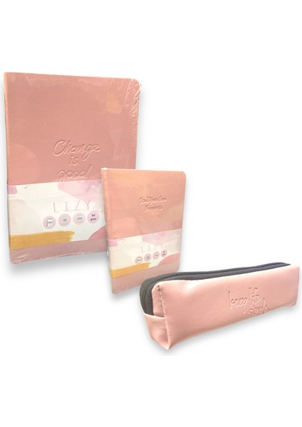 Esnek Velur Desen Çizgili Defter Set ( 2 Adet Defter 1 Adet Kalemlik) – Pastel Pembe